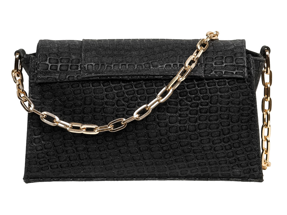 Bolso de hombro Ferretina negro con textura de cocodrilo, cadena dorada y broche central de piedras brillantes.