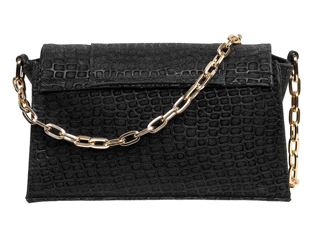 Bolso de hombro Ferretina negro con textura de cocodrilo, cadena dorada y broche central de piedras brillantes.