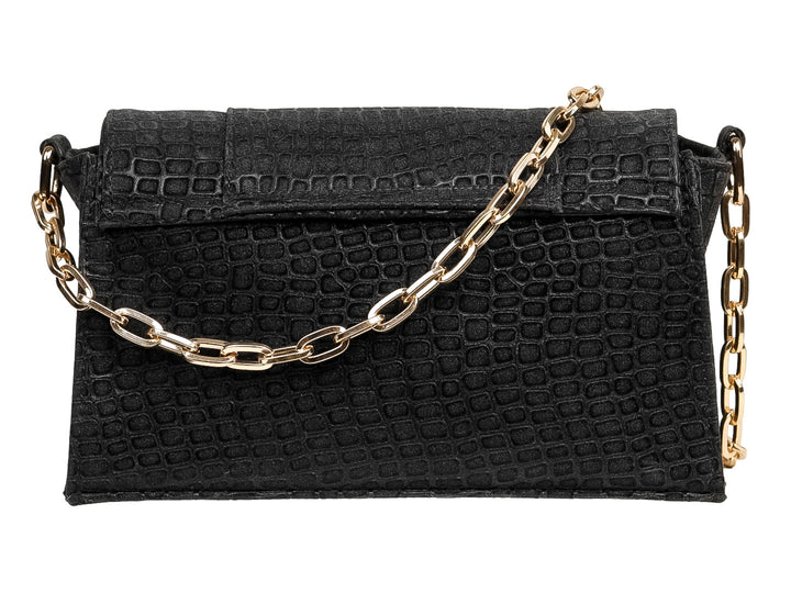 Bolso de hombro Ferretina negro con textura de cocodrilo, cadena dorada y broche central de piedras brillantes.
