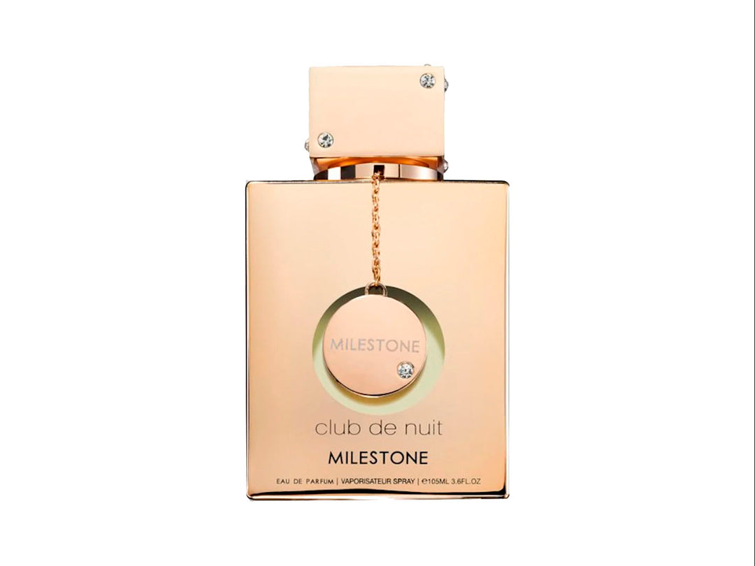 Perfume Armaf Club de Nuit Milestone para mujer en botella dorada con su caja blanca y dorada.