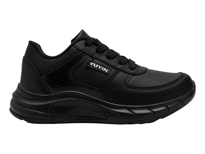 Zapato deportivo escolar de microfibra color negro con agujetas para niño.
