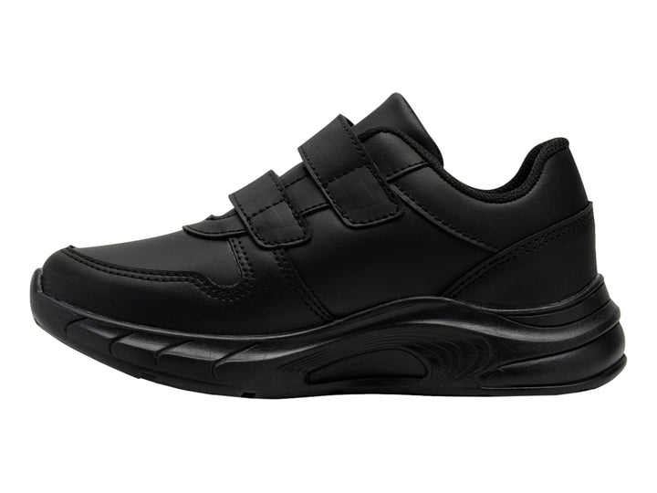 Zapato escolar negro de microfibra para niño con cierre de velcro y suela robusta.