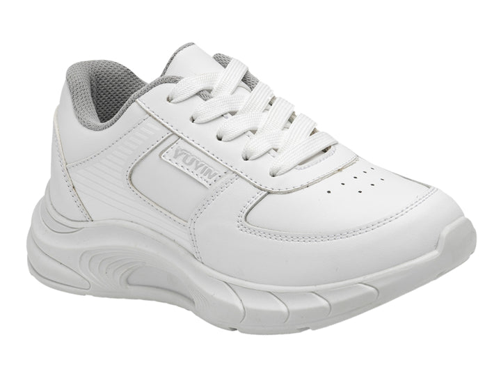 Tenis escolares YUYIN de microfibra color blanco con detalles en gris y agujetas blancas.
