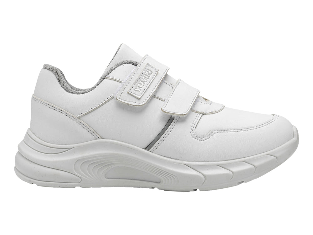 Tenis escolares blancos para niños con cierres de velcro y suela blanca.