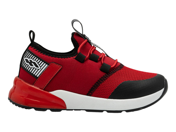 Tenis deportivos para niño en color rojo con detalles en negro y suela blanca.
