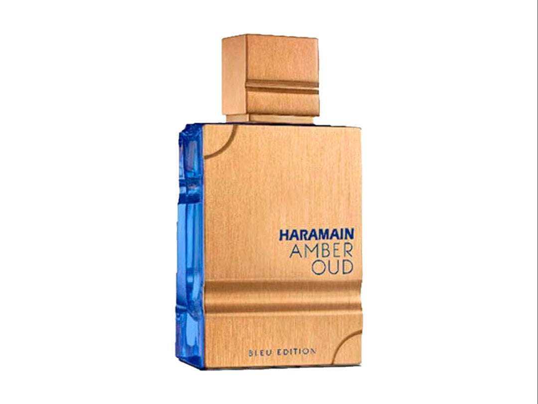 Perfume Al Haramain Amber Oud Bleu Edition con su caja en colores dorado y azul.