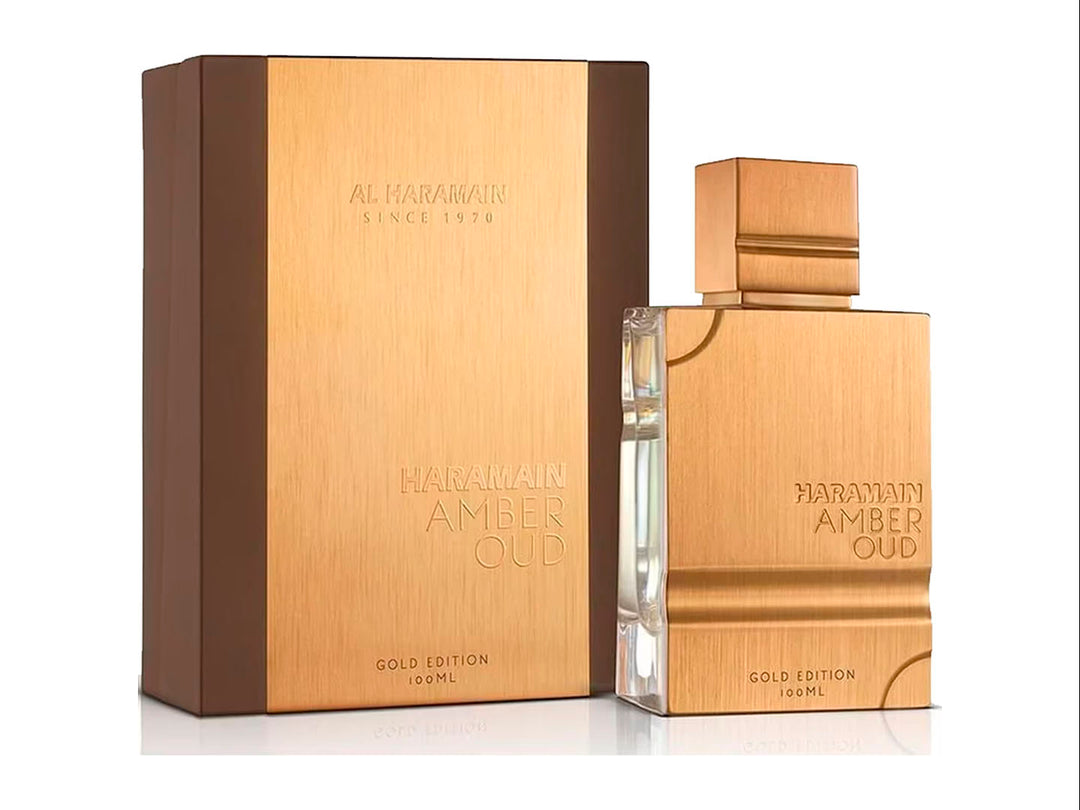 Perfume Al Haramain Amber Oud Gold Edition de 100ml en frasco y caja dorada con detalles marrones.