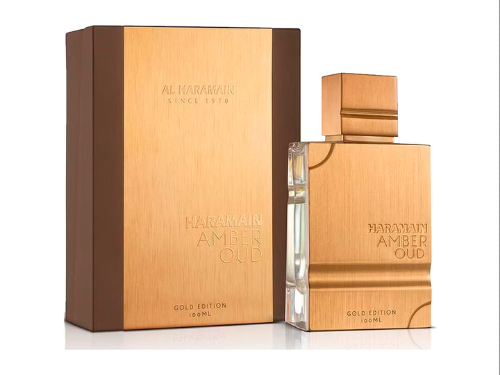 Perfume Al Haramain Amber Oud Gold Edition de 100ml en frasco y caja dorada con detalles marrones.