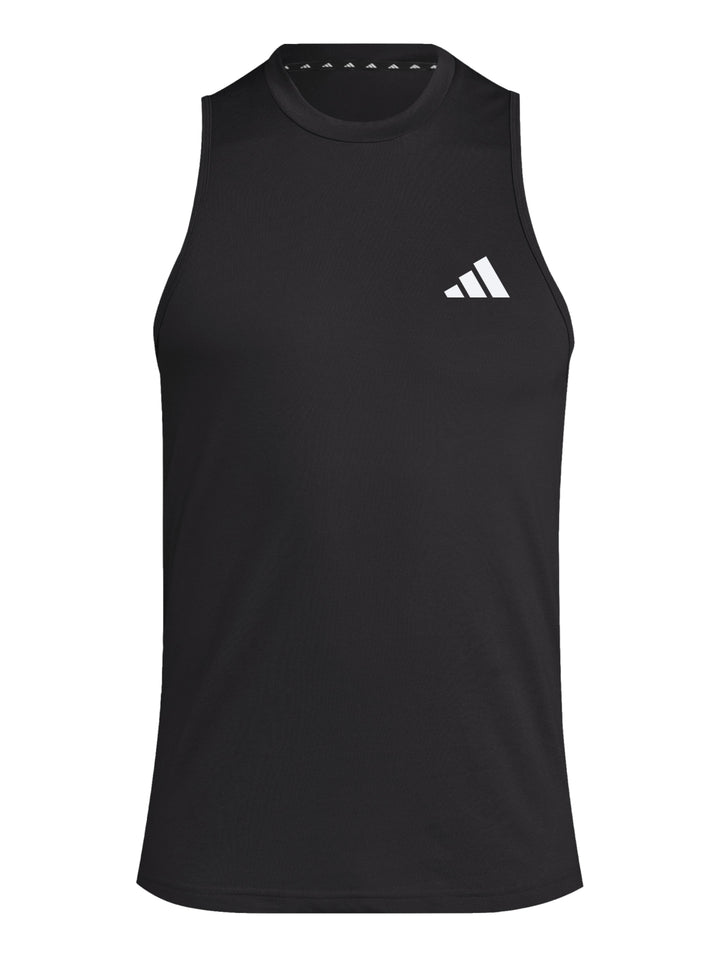 Camiseta deportiva sin mangas color negro con logotipo blanco de Adidas en el pecho.