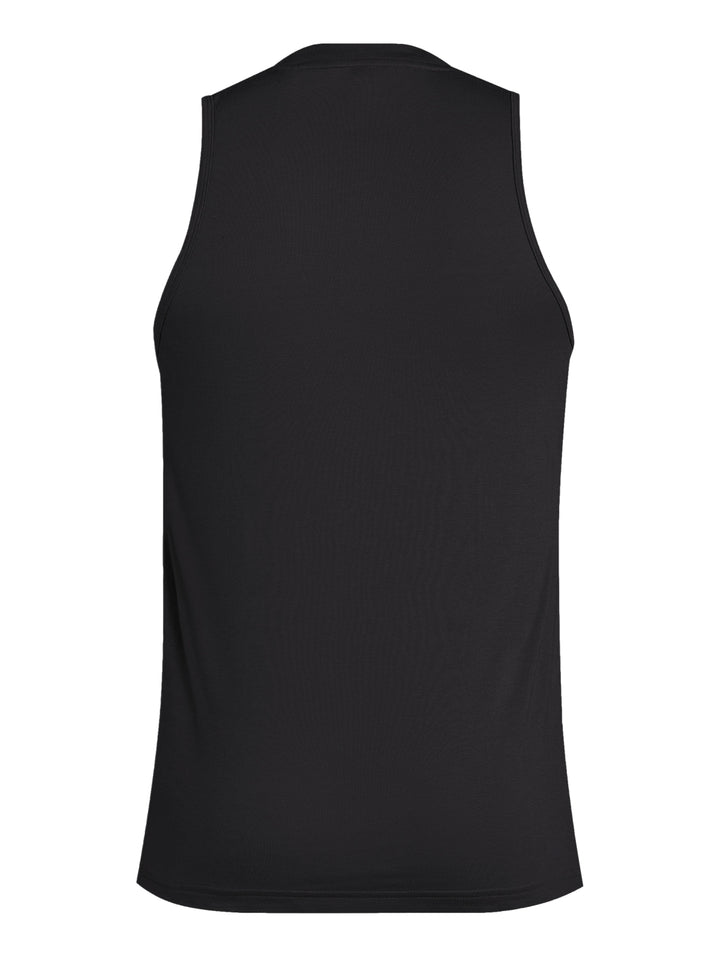 Camiseta deportiva sin mangas color negro con logotipo blanco de Adidas en el pecho.