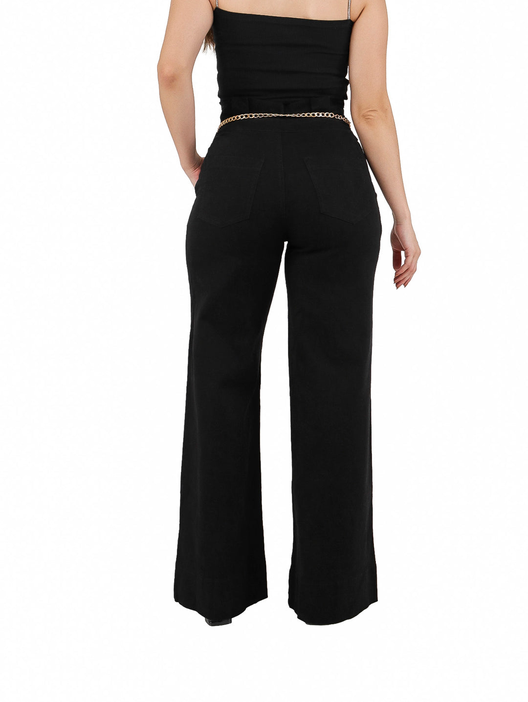 LC Collection Pantalón Campana Negro con Cadena para Mujer