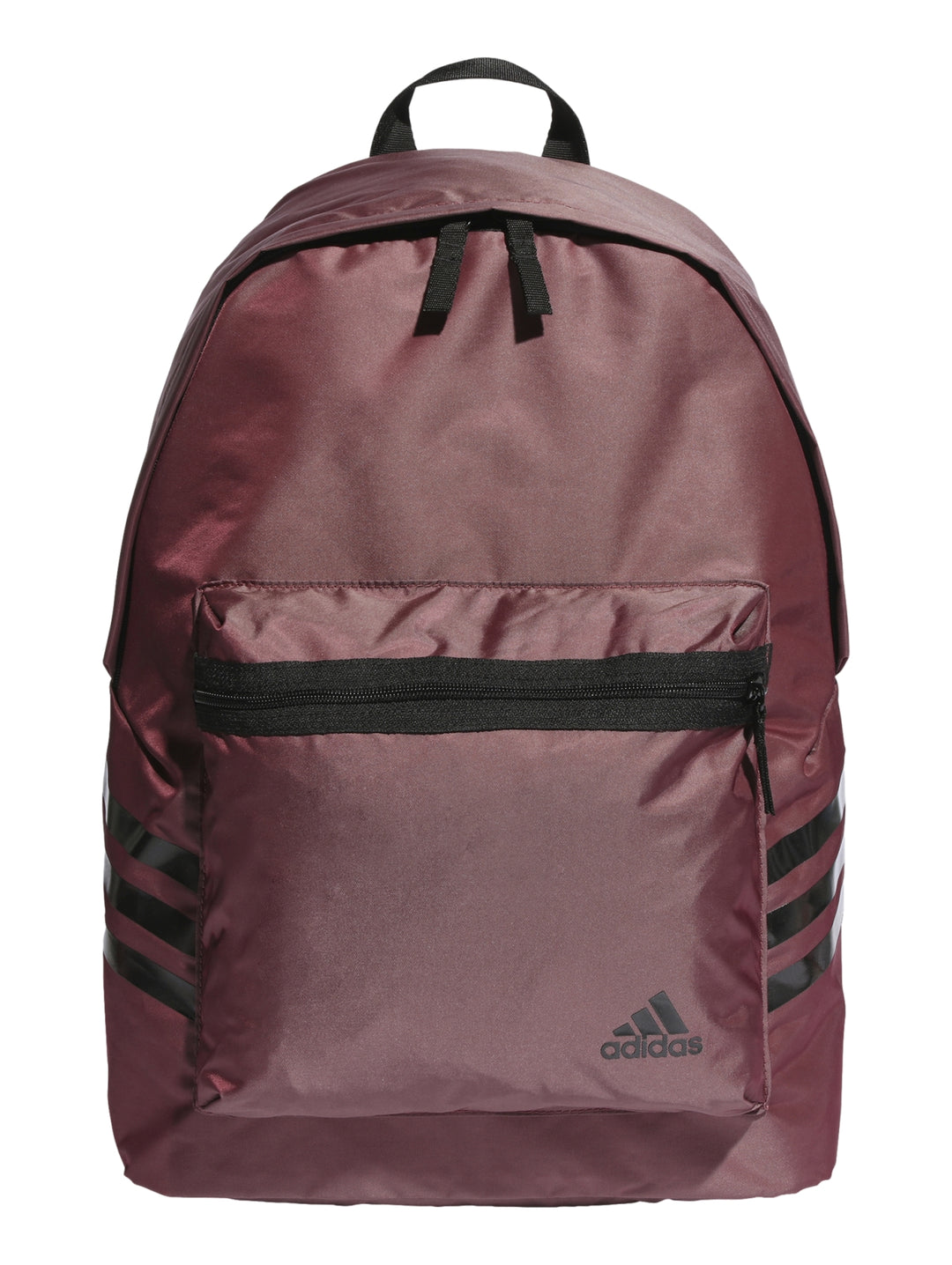 Mochila Adidas en color rojo sombra con detalles y franjas negras, diseño deportivo con bolsillo frontal.