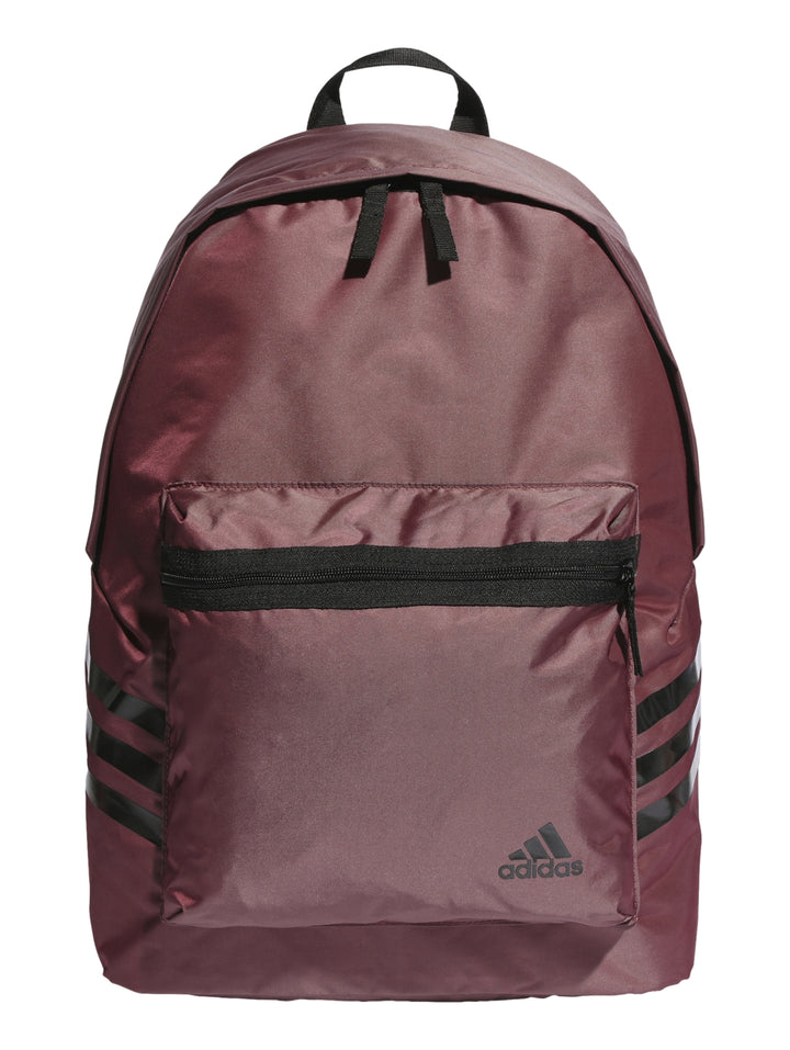 Mochila Adidas en color rojo sombra con detalles y franjas negras, diseño deportivo con bolsillo frontal.