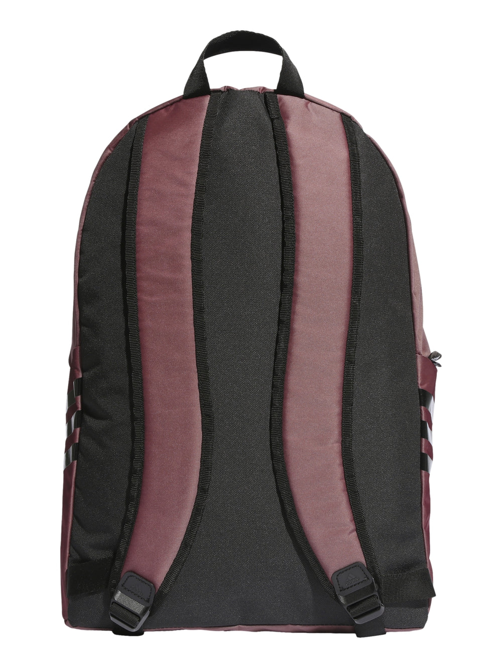 Mochila Adidas en color rojo sombra con detalles y franjas negras, diseño deportivo con bolsillo frontal.