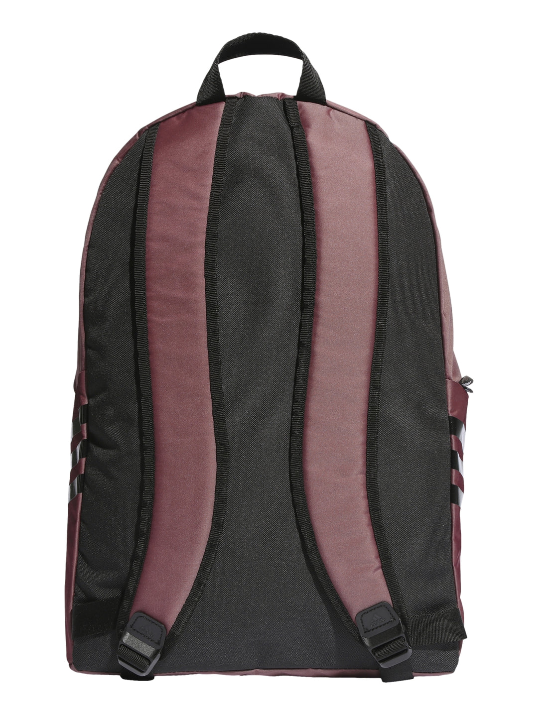 Mochila Adidas en color rojo sombra con detalles y franjas negras, diseño deportivo con bolsillo frontal.
