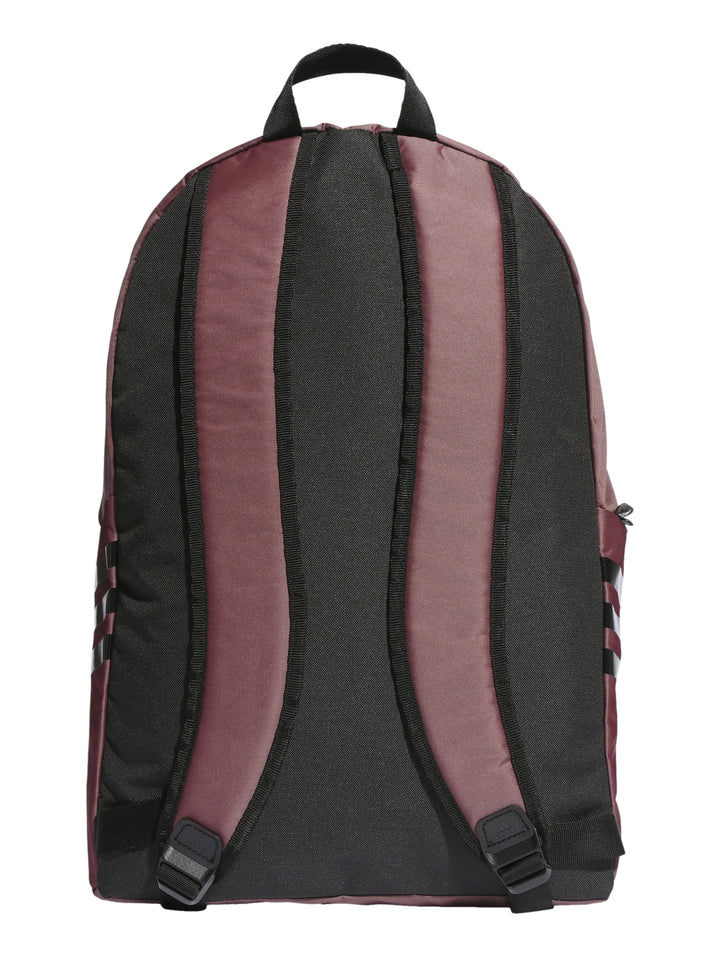 Mochila Adidas en color rojo sombra con detalles y franjas negras, diseño deportivo con bolsillo frontal.