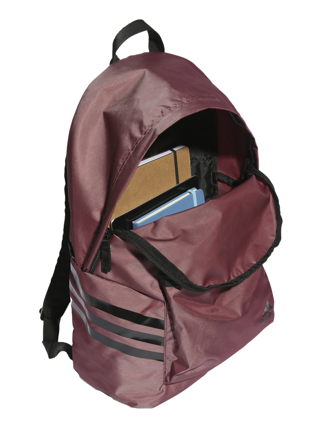 Mochila Adidas en color rojo sombra con detalles y franjas negras, diseño deportivo con bolsillo frontal.
