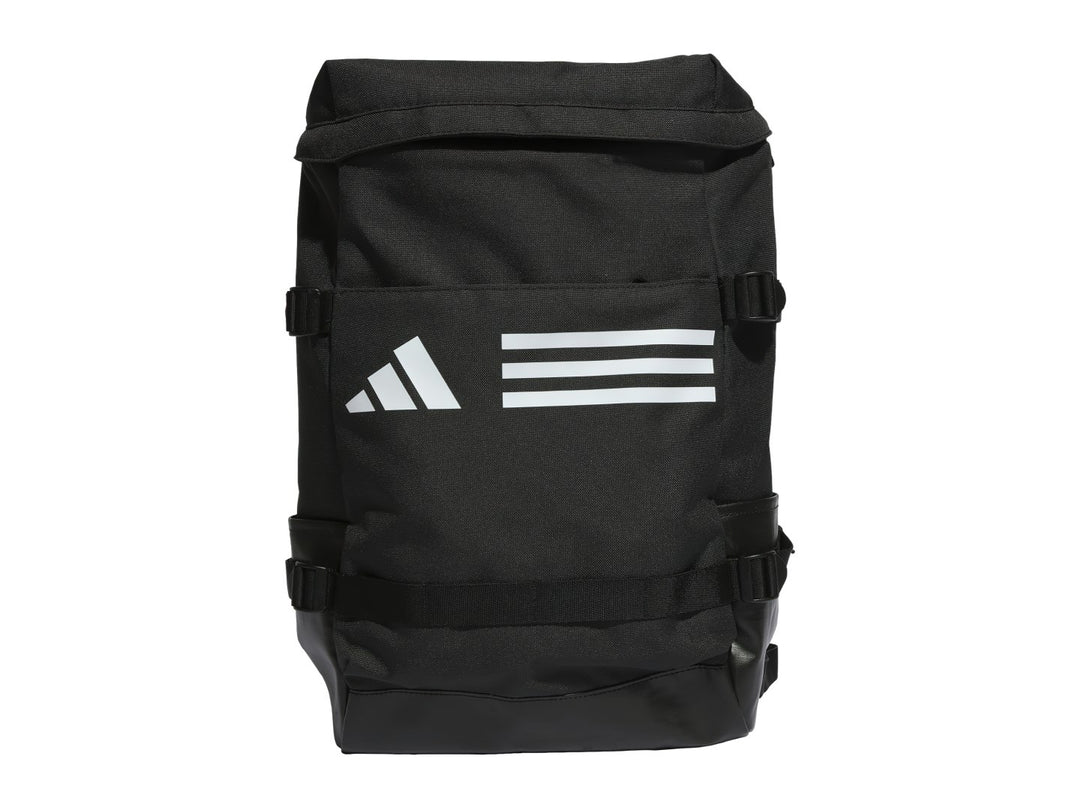 Mochila Adidas de color negro con logotipo blanco en el frente y correas laterales.