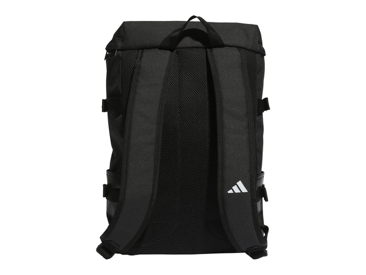 Mochila Adidas de color negro con logotipo blanco en el frente y correas laterales.