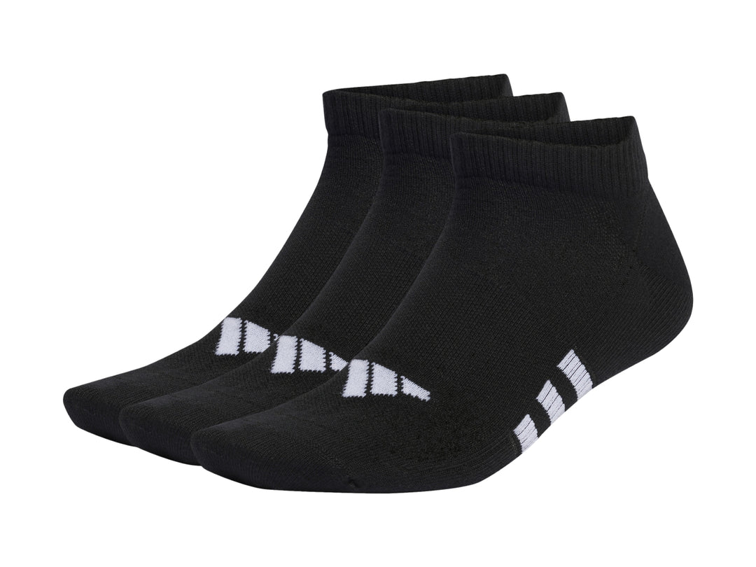 Paquete de tres pares de calcetas cortas Adidas en color negro con detalles blancos laterales.