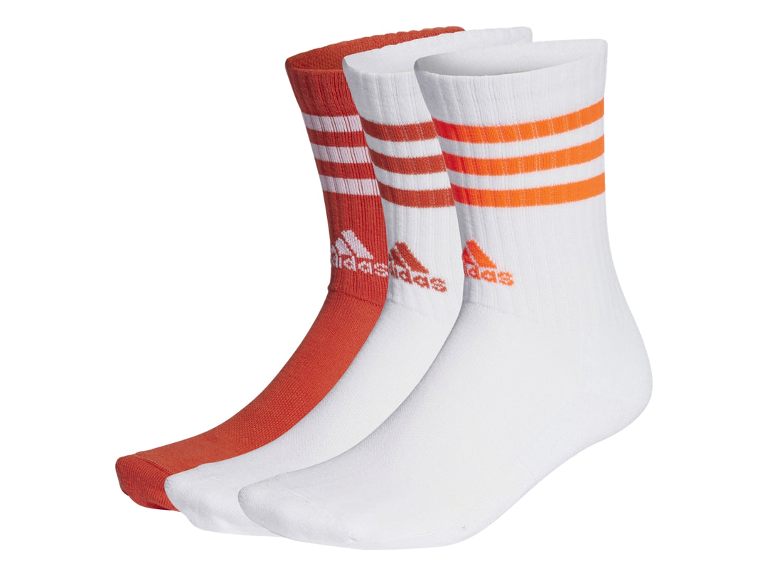 Paquete de tres pares de calcetas largas Adidas en colores blanco y rojo con rayas decorativas en la parte superior.