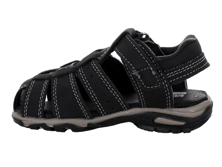 Sandalias negras cerradas para niño con correas ajustables de velcro y suela gris.