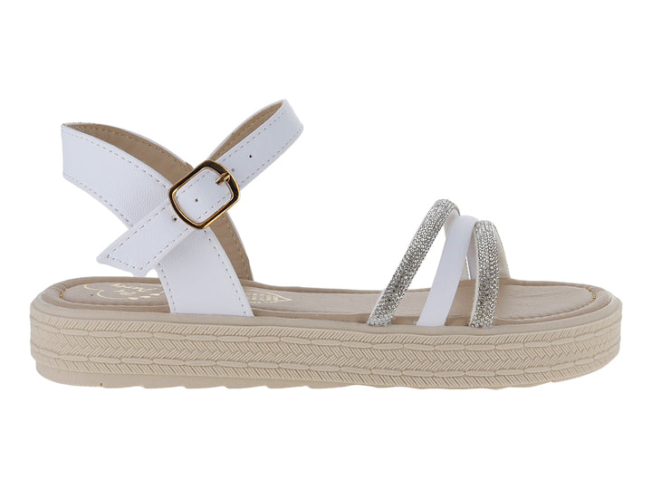 Sandalia blanca para niña con plataforma beige, tiras decoradas con brillo y cierre de hebilla.