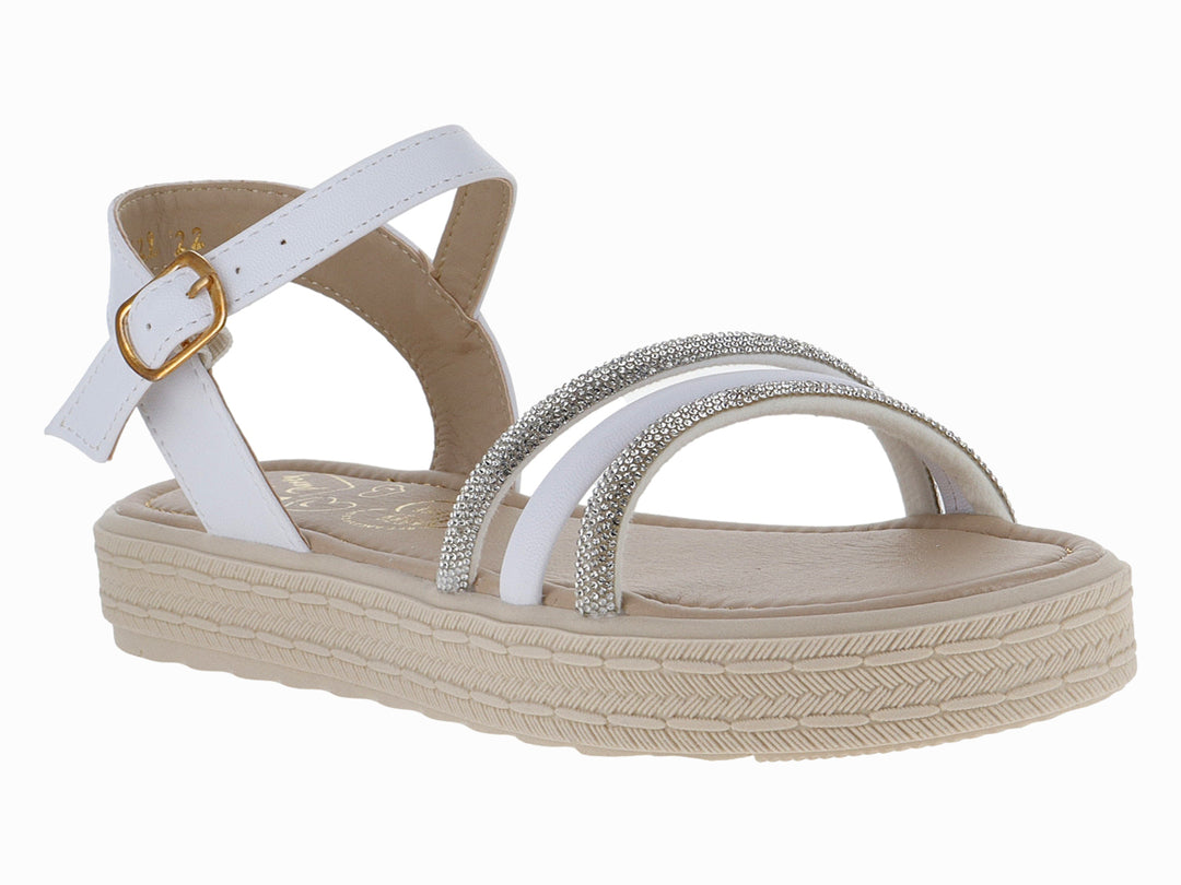 Sandalia blanca para niña con plataforma beige, tiras decoradas con brillo y cierre de hebilla.