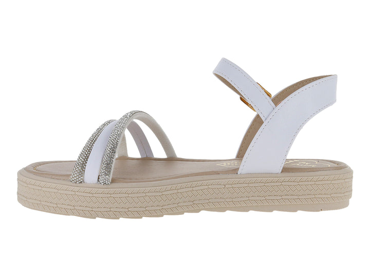 Sandalia blanca para niña con plataforma beige, tiras decoradas con brillo y cierre de hebilla.
