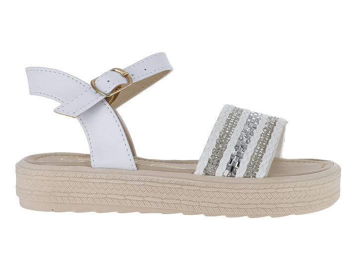 Sandalia blanca de plataforma con detalles brillantes y correa ajustable.
