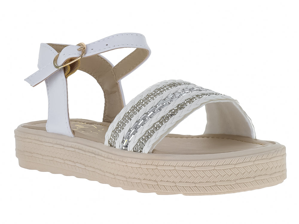 Sandalia blanca de plataforma con detalles brillantes y correa ajustable.