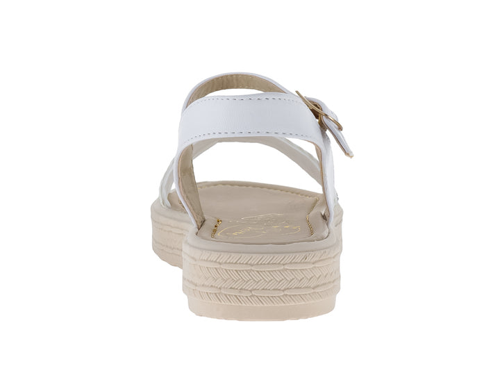Sandalia blanca de plataforma con detalles brillantes y correa ajustable.