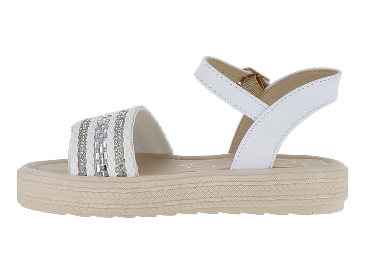 Sandalia blanca de plataforma con detalles brillantes y correa ajustable.