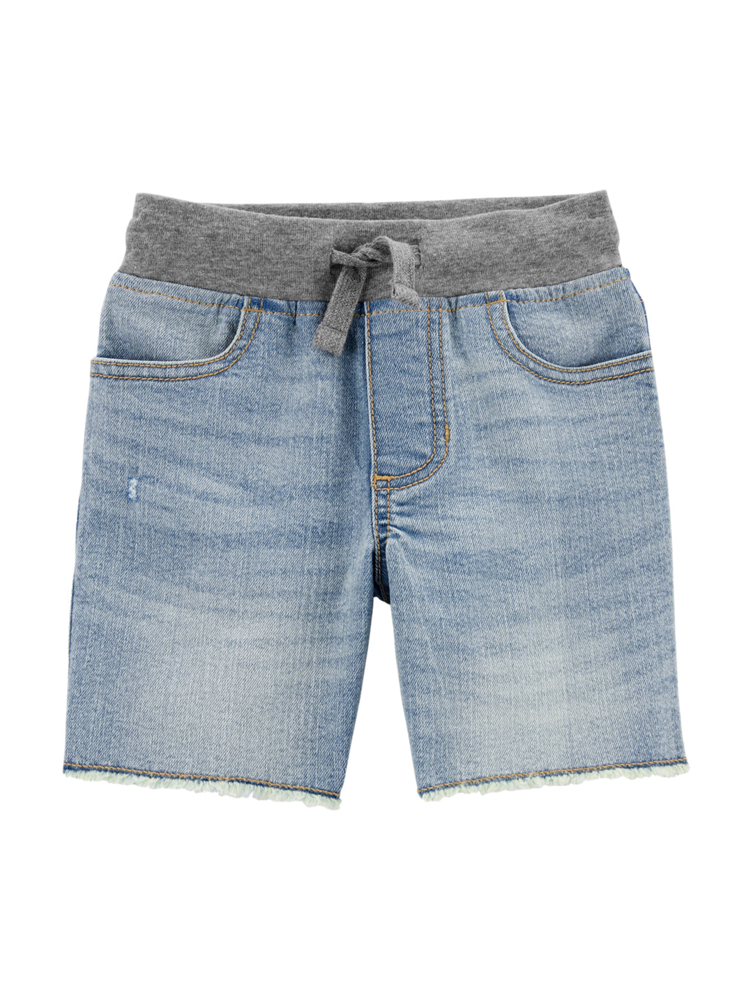 Bermuda de mezclilla azul con cintura elástica gris para niño.