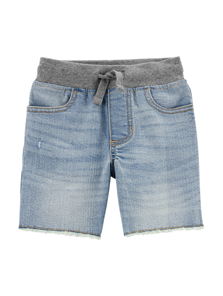 Bermuda de mezclilla azul con cintura elástica gris para niño.