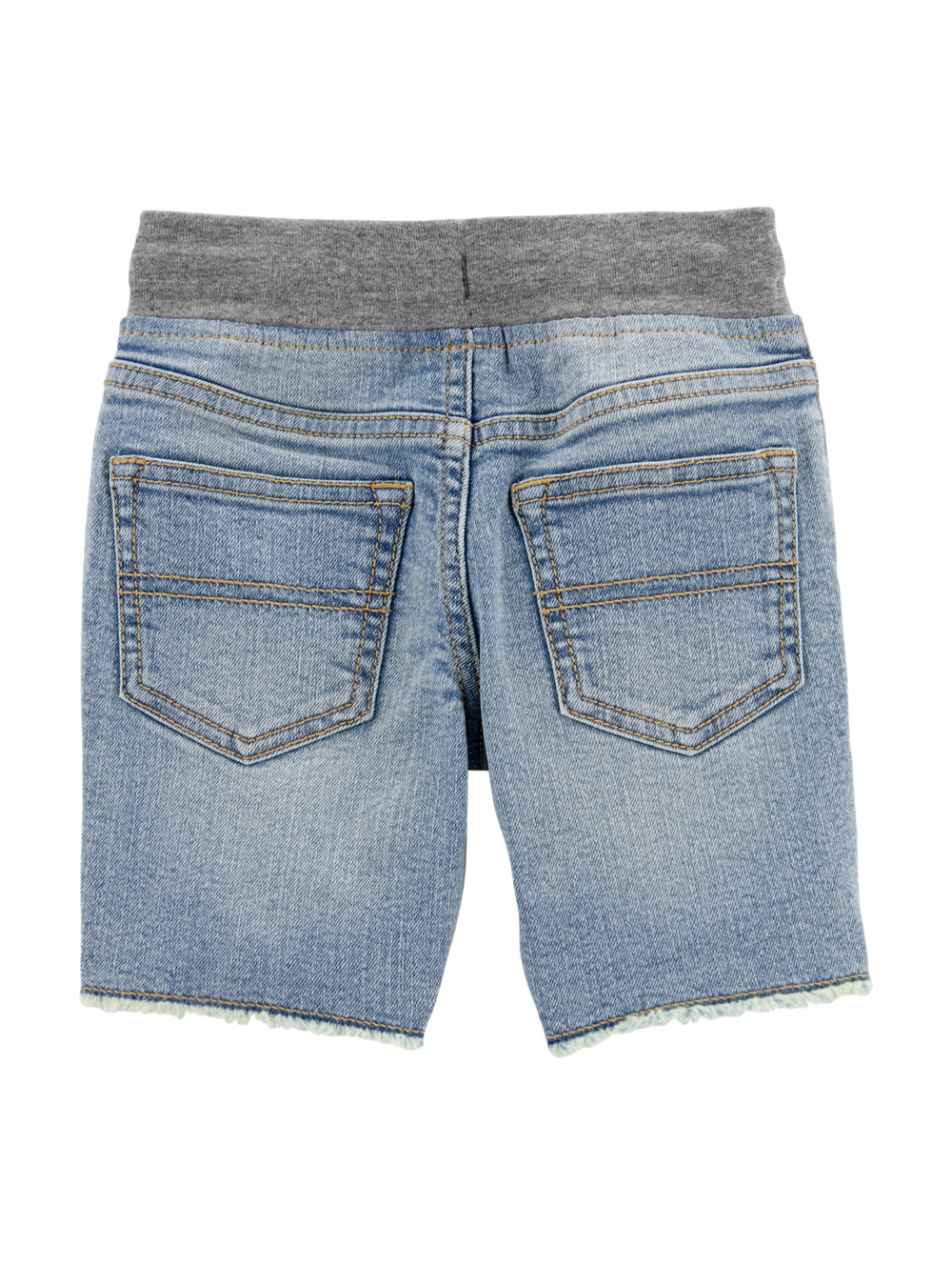 Bermuda de mezclilla azul con cintura elástica gris para niño.
