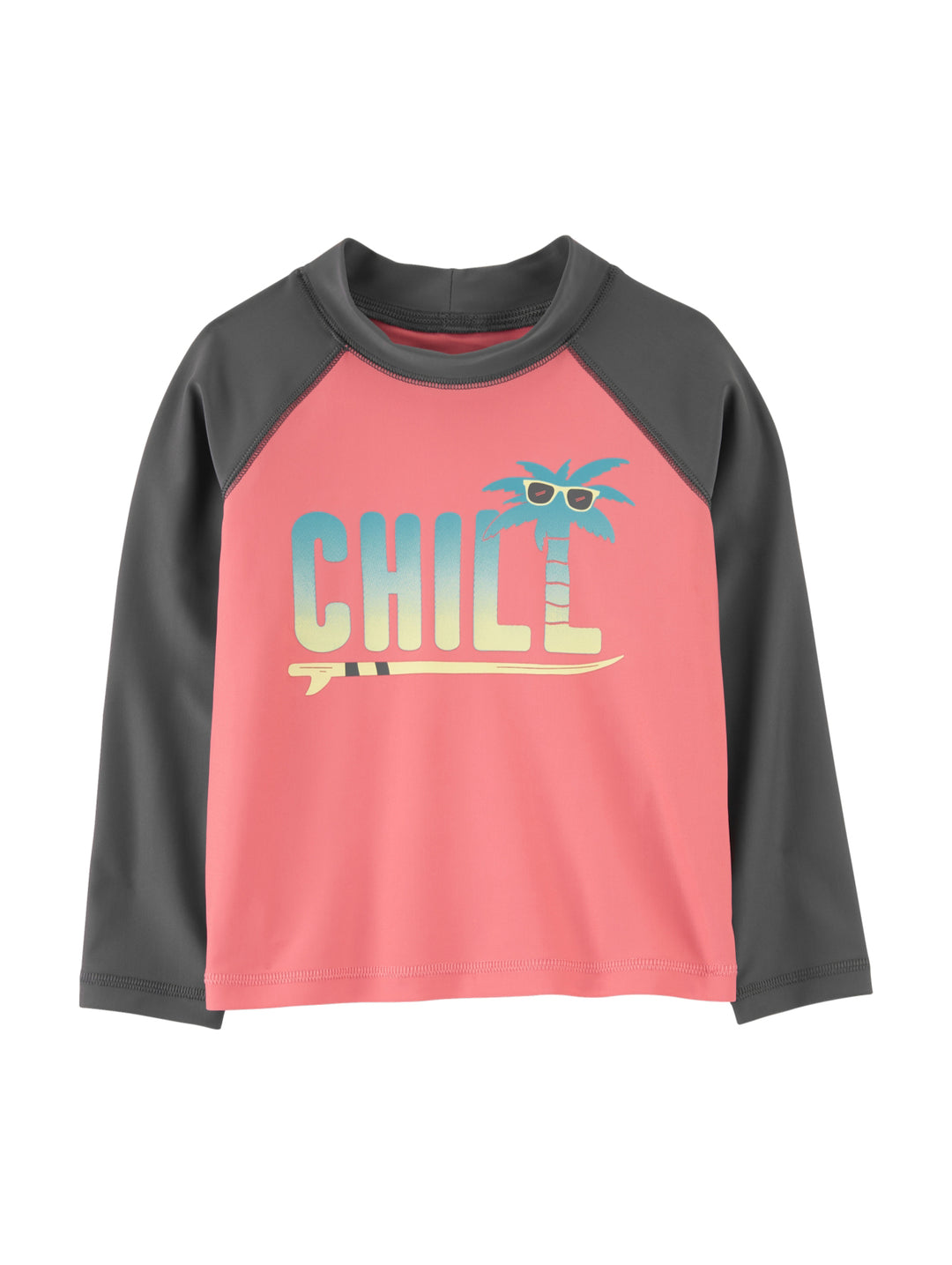 Playera infantil de manga larga color rosa y gris con estampado de palmera y la palabra CHILL.