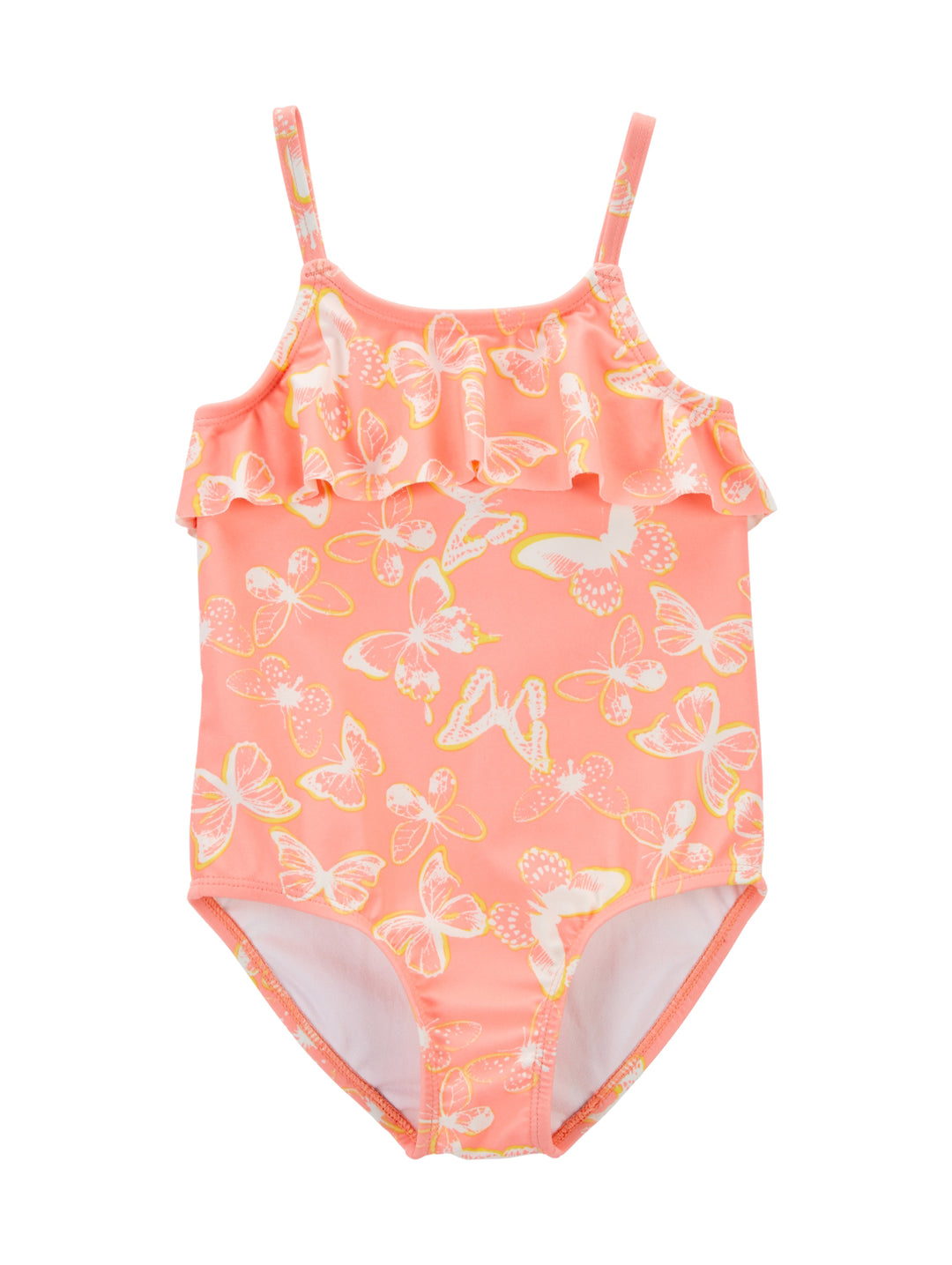 Traje de baño enterizo color coral con estampado de mariposas y volante en el pecho para niña.