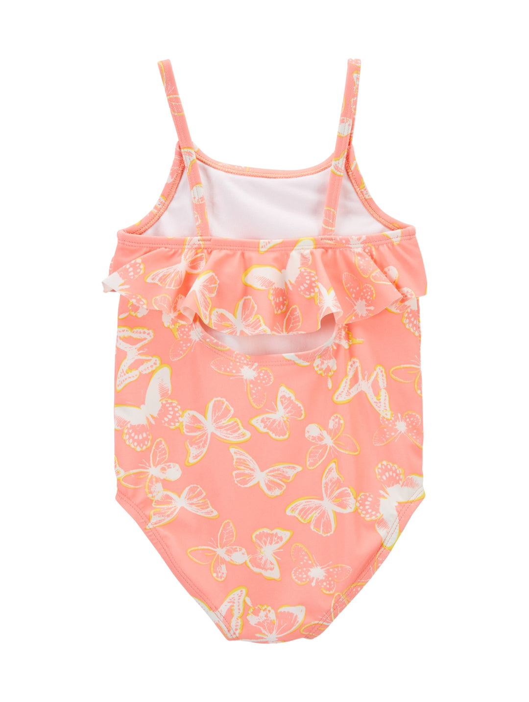 Traje de baño enterizo color coral con estampado de mariposas y volante en el pecho para niña.