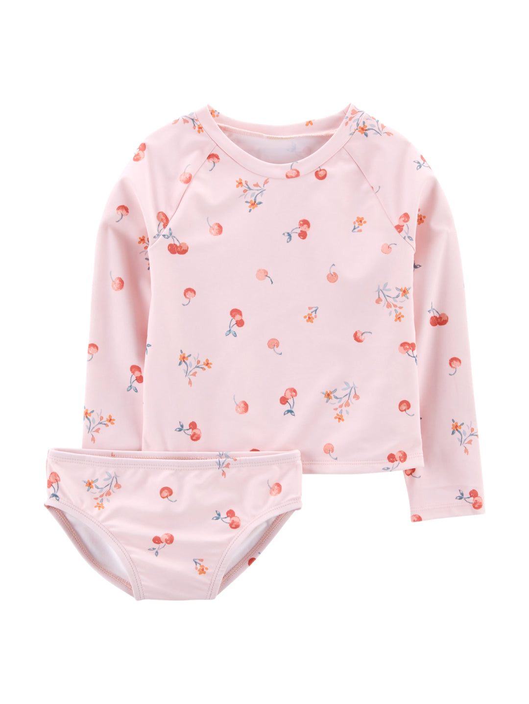 Conjunto de traje de baño rosa para niña con estampado de cerezas, incluye camiseta de manga larga y calzón.