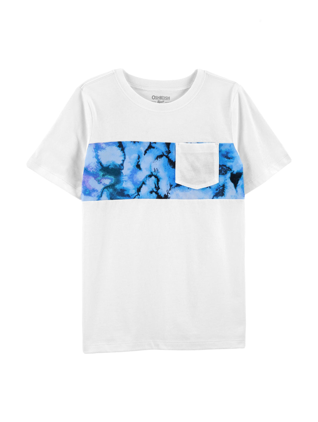 Playera blanca de manga corta para Niño con franja horizontal azul jaspeada y bolsillo frontal.