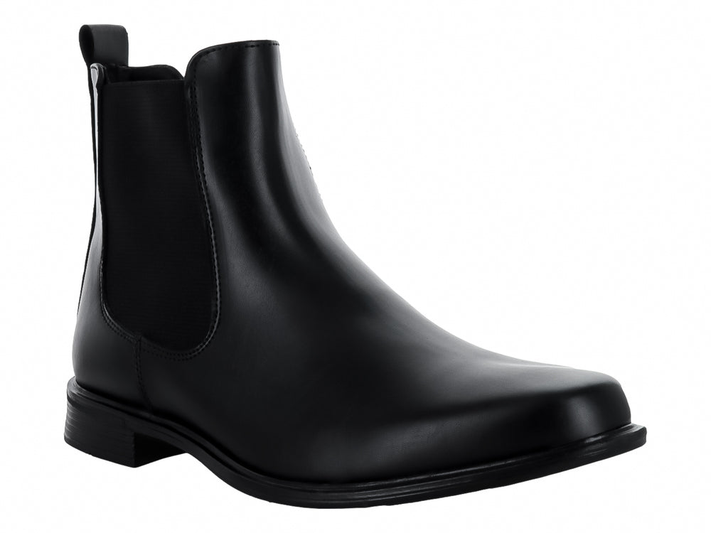 Bota negra de cuero estilo Chelsea para hombre con acabado brillante.