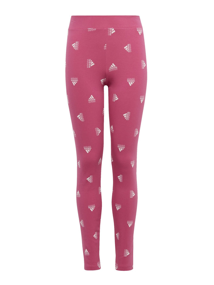 Leggings deportivos Adidas color fucsia con estampado de logos blancos en toda la prenda.