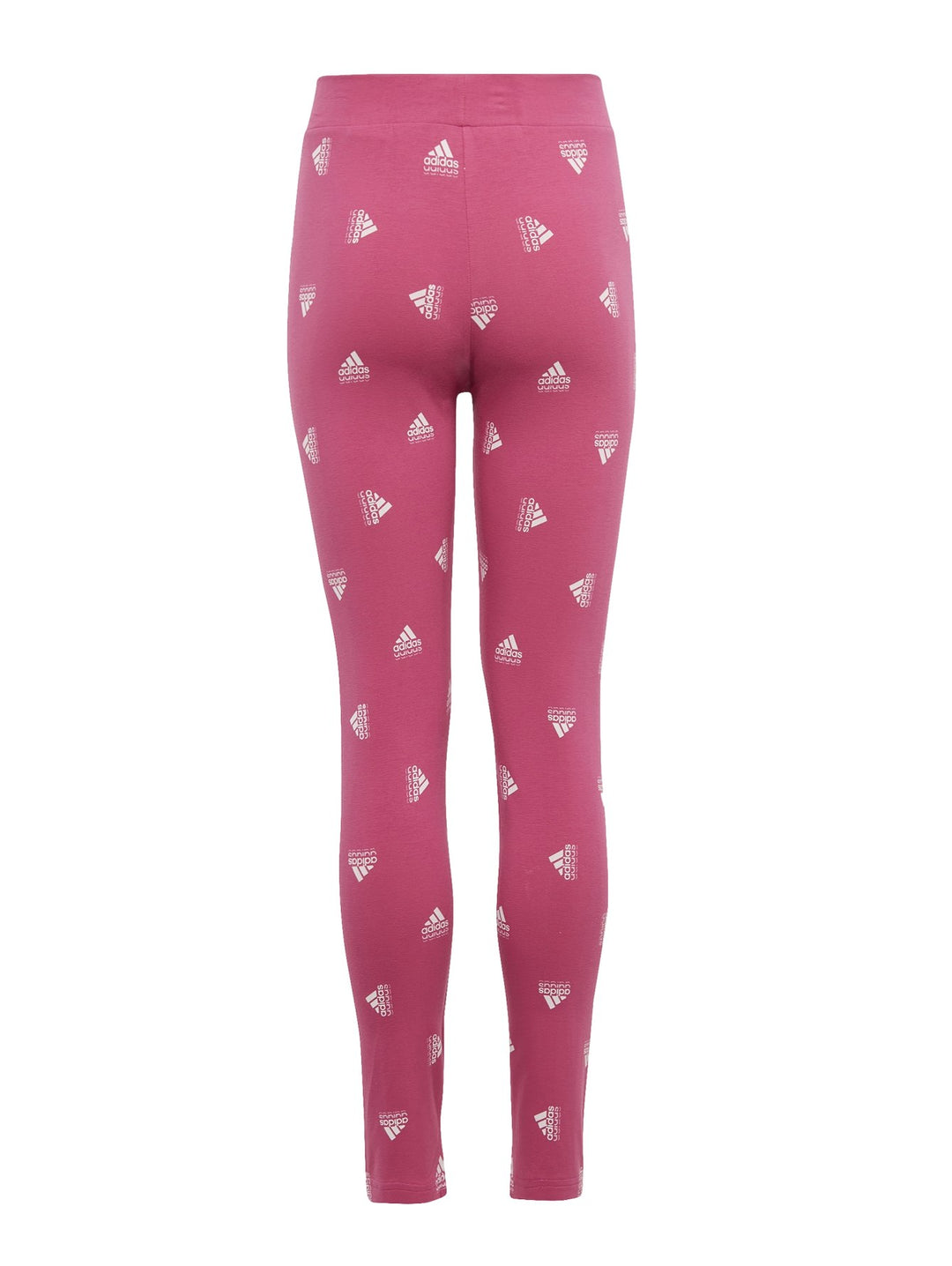 Leggings deportivos Adidas color fucsia con estampado de logos blancos en toda la prenda.