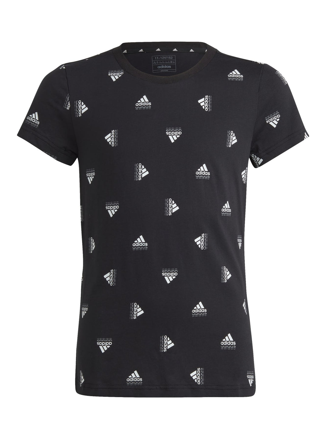 Playera deportiva negra de manga corta con estampado repetido de logos blancos de Adidas.
