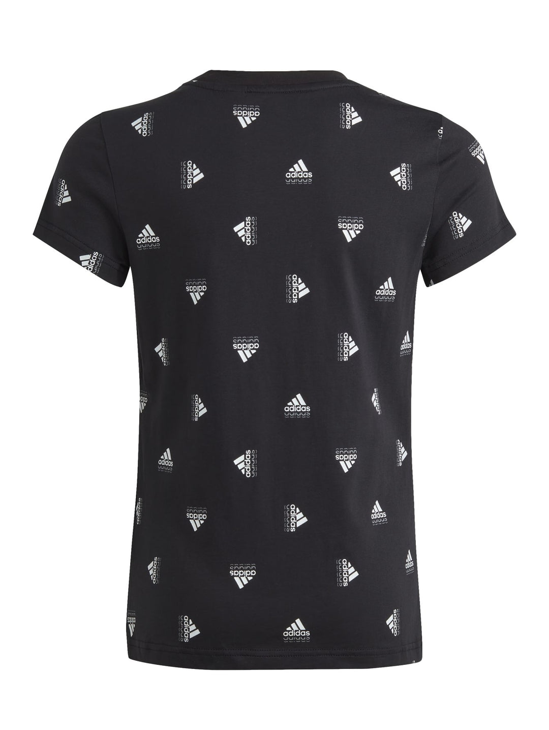 Playera deportiva negra de manga corta con estampado repetido de logos blancos de Adidas.