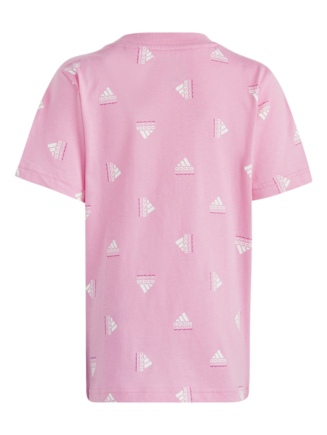Playera Adidas color rosa con estampado repetitivo de logotipos en blanco, manga corta y cuello redondo.