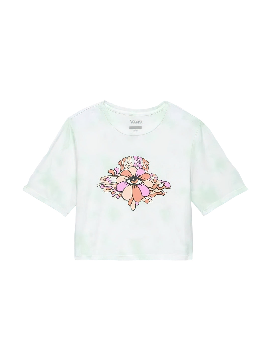 Playera crop top color aqua con diseño gráfico de un ojo psicodélico en el centro.