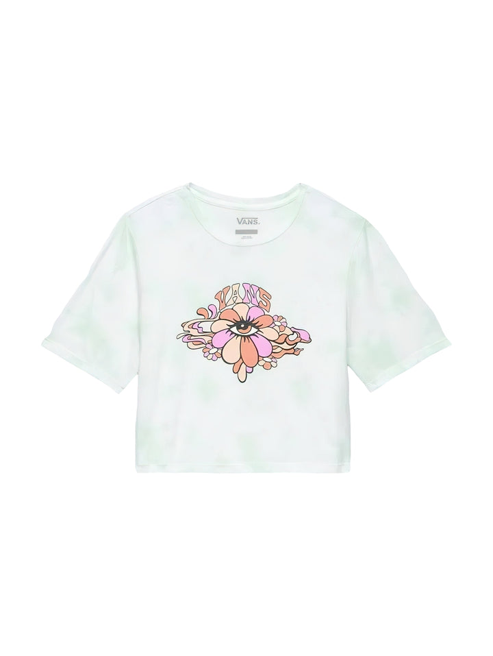 Playera crop top color aqua con diseño gráfico de un ojo psicodélico en el centro.