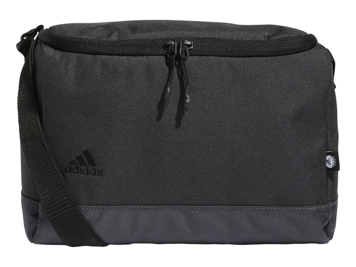 Bolsa térmica Adidas color gris oscuro con correa ajustable y cierre superior.